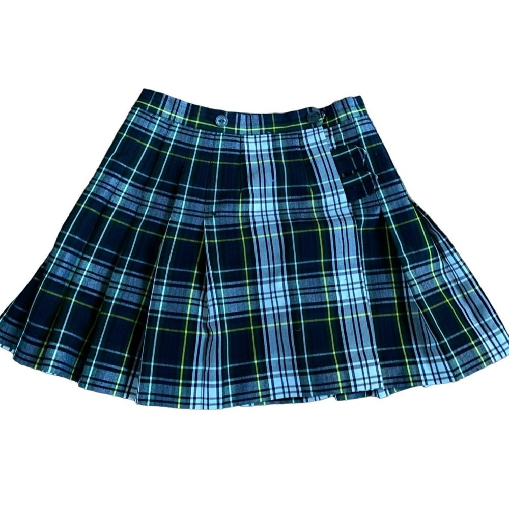 EUC Flynn O'Hara Navy Green White Plaid Wrap-Around Kilt Skirt with Adjustable B